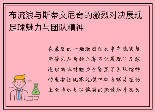 布流浪与斯蒂文尼奇的激烈对决展现足球魅力与团队精神